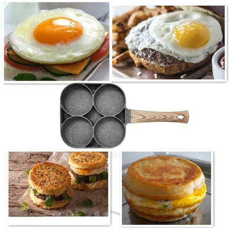 Non-stick Frying Pot Pan 4 Holes Steak Egg Pancake Thickened Omelet Pan Wooden Handle Pan For Kitchen Utensils Breakfast Maker