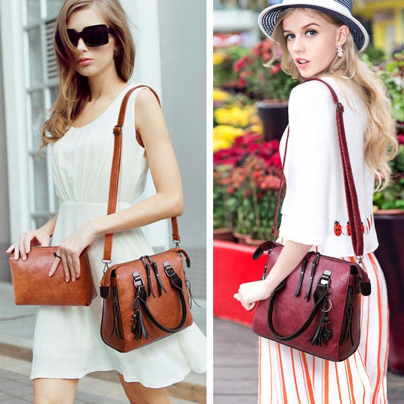 4pcs/set Vintage PU Leather Ladies Handbags Women Messenger Bags Tote Tassel  Luxury Crossbody Shoulder Bag Boston Handbag