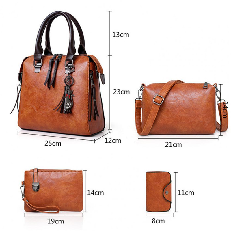 4pcs/set Vintage PU Leather Ladies Handbags Women Messenger Bags Tote Tassel  Luxury Crossbody Shoulder Bag Boston Handbag