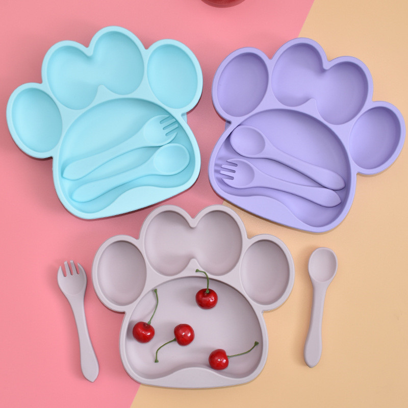 5pcs/set Baby Silicone Plate Set Bear Paw Baby Plate Bowl and Training Cup Spoon Forks Set Suction Kids's Tableware Baby Dishes