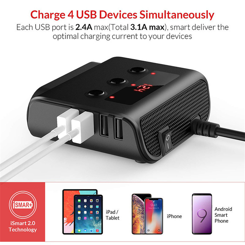 Universal Car Cigarette Lighter Socket Splitter Auto 4 Port USB Charger Power Adapter DC 12V-24V For Mobile Phone PC iPad
