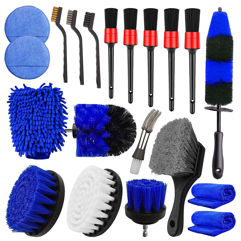 20Pcs Car Wheel Tire Cleaning Brush Set with Detailing Brushes Car Drill Detailing Brush Wash Mitt Wax Pad Wash Towel Clean Tool