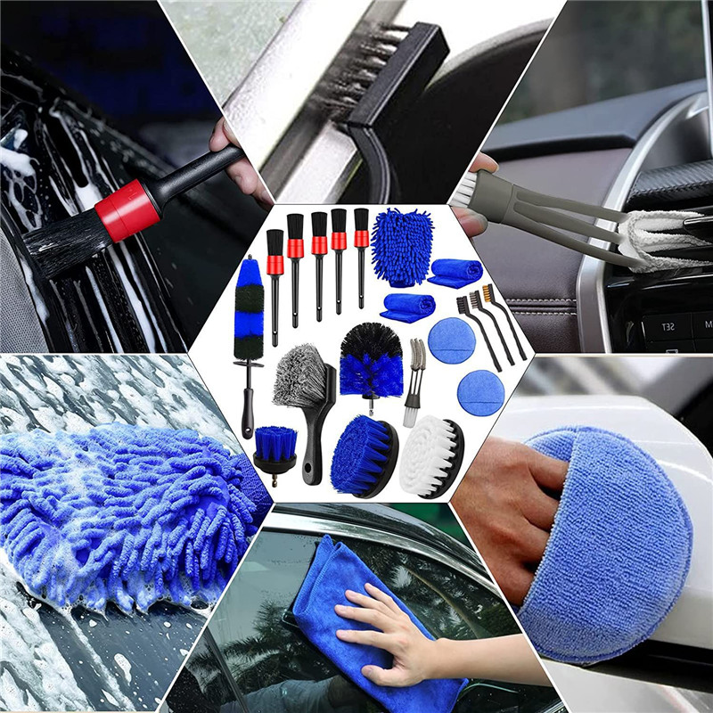 20Pcs Car Wheel Tire Cleaning Brush Set with Detailing Brushes Car Drill Detailing Brush Wash Mitt Wax Pad Wash Towel Clean Tool