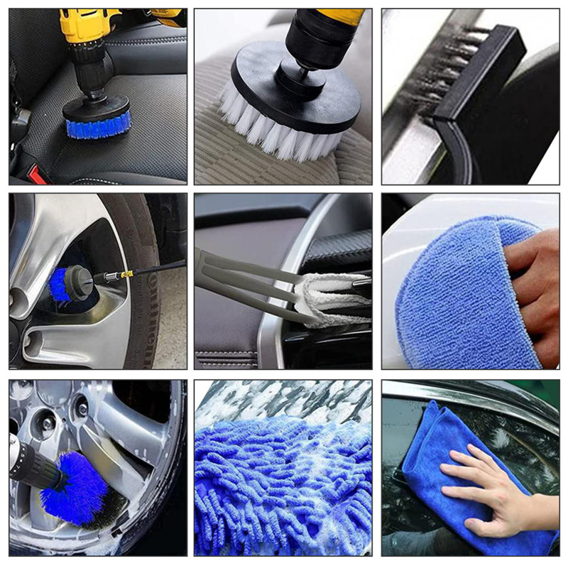 20Pcs Car Wheel Tire Cleaning Brush Set with Detailing Brushes Car Drill Detailing Brush Wash Mitt Wax Pad Wash Towel Clean Tool