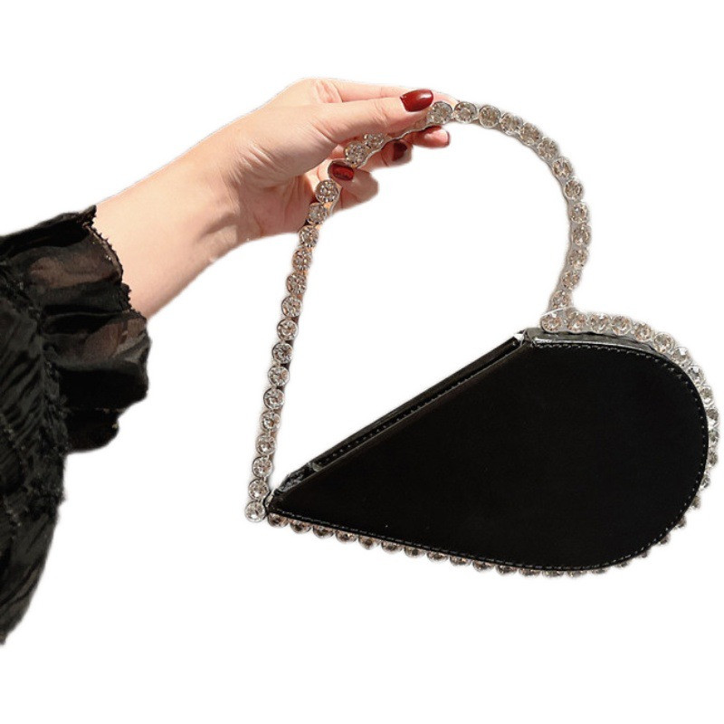 Heart Shaped Evening Diamond Clutch Bag for Women Designer Chic Metal Handle Shiny Sequins Purse Female Wedding Handbag