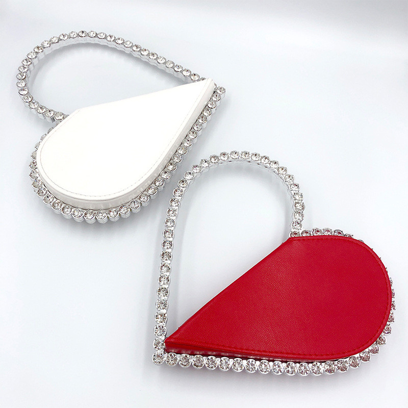 Heart Shaped Evening Diamond Clutch Bag for Women Designer Chic Metal Handle Shiny Sequins Purse Female Wedding Handbag