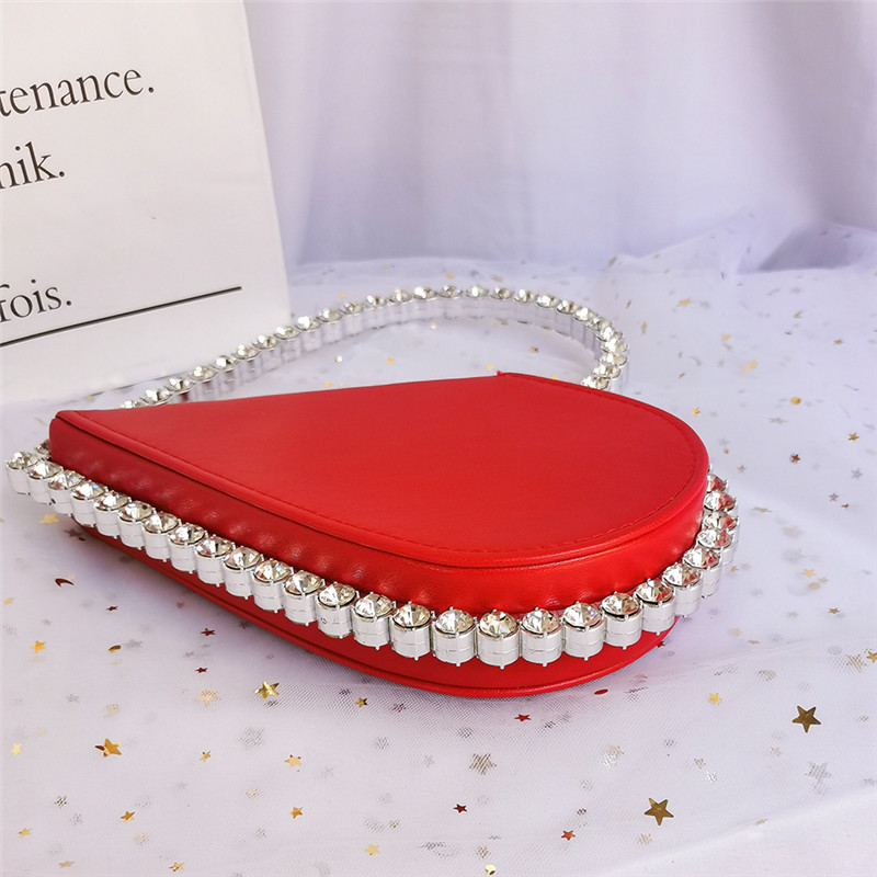 Heart Shaped Evening Diamond Clutch Bag for Women Designer Chic Metal Handle Shiny Sequins Purse Female Wedding Handbag