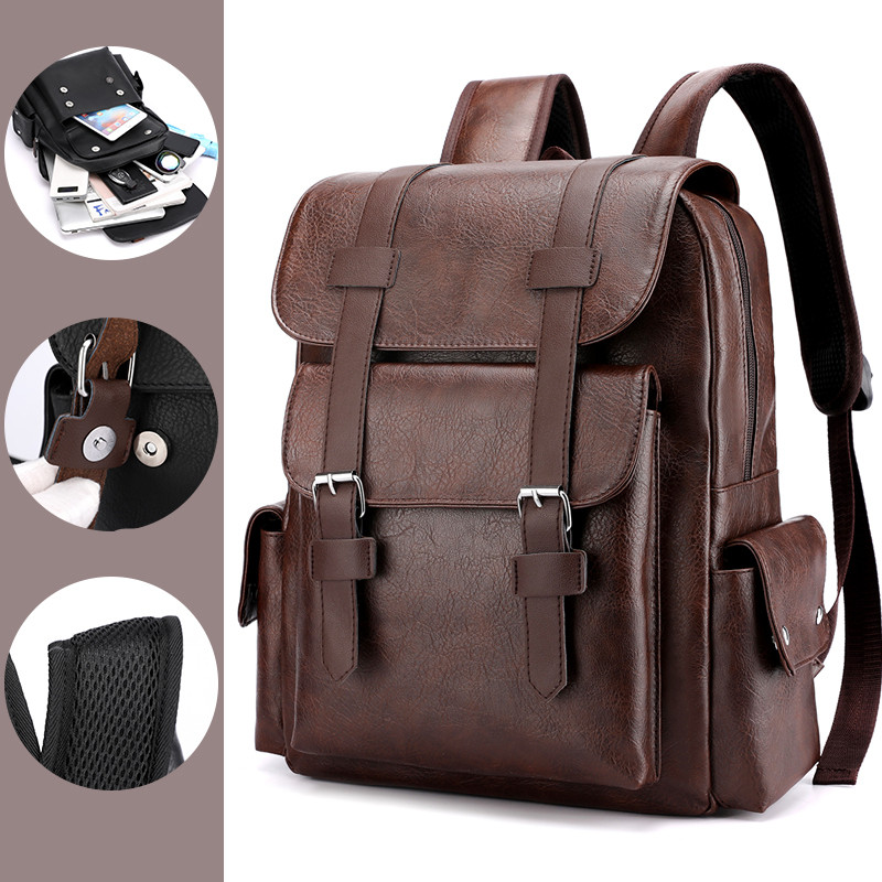 Waterproof PU Leather  Backpack Men's Retro Large Capacity Casual Business Laptop Bag for Schoolbag Travel Sports Shoulder Bags