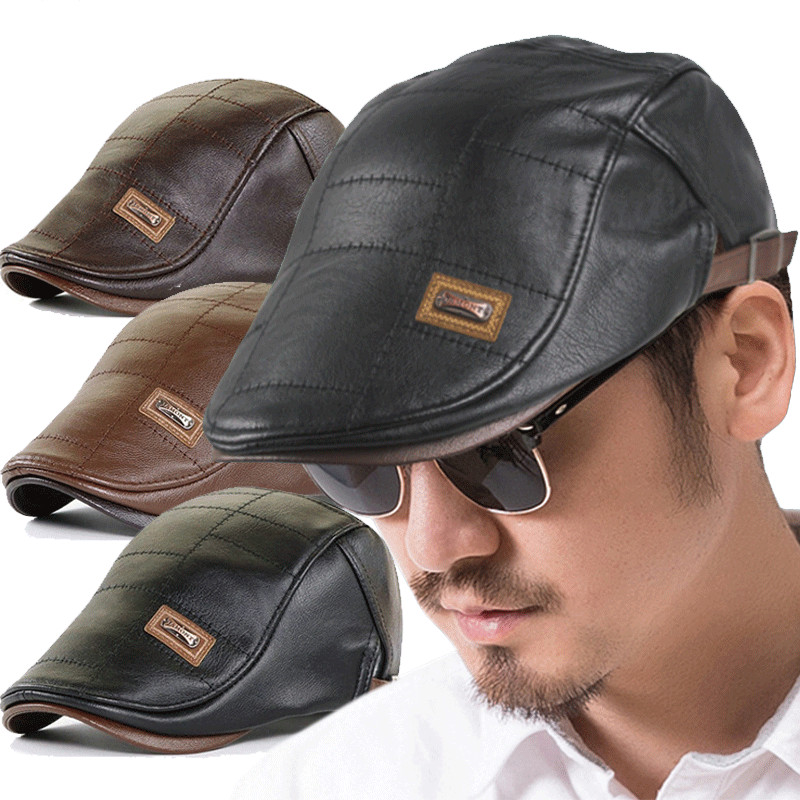 Retro PU Leather Beret Hats for Men Autumn Winter Hat Faux Leather Beret Cap Middle-aged Men's Visor Warm Flat Peaked Caps