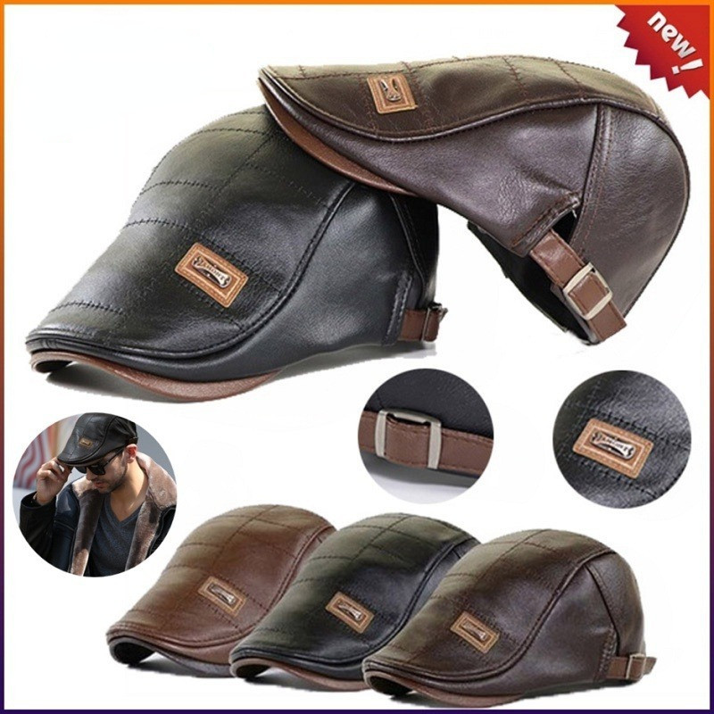 Retro PU Leather Beret Hats for Men Autumn Winter Hat Faux Leather Beret Cap Middle-aged Men's Visor Warm Flat Peaked Caps