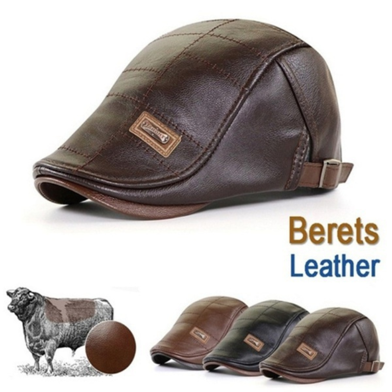 Retro PU Leather Beret Hats for Men Autumn Winter Hat Faux Leather Beret Cap Middle-aged Men's Visor Warm Flat Peaked Caps