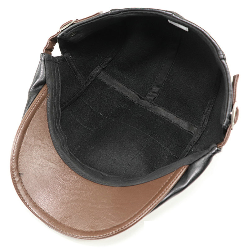 Retro PU Leather Beret Hats for Men Autumn Winter Hat Faux Leather Beret Cap Middle-aged Men's Visor Warm Flat Peaked Caps