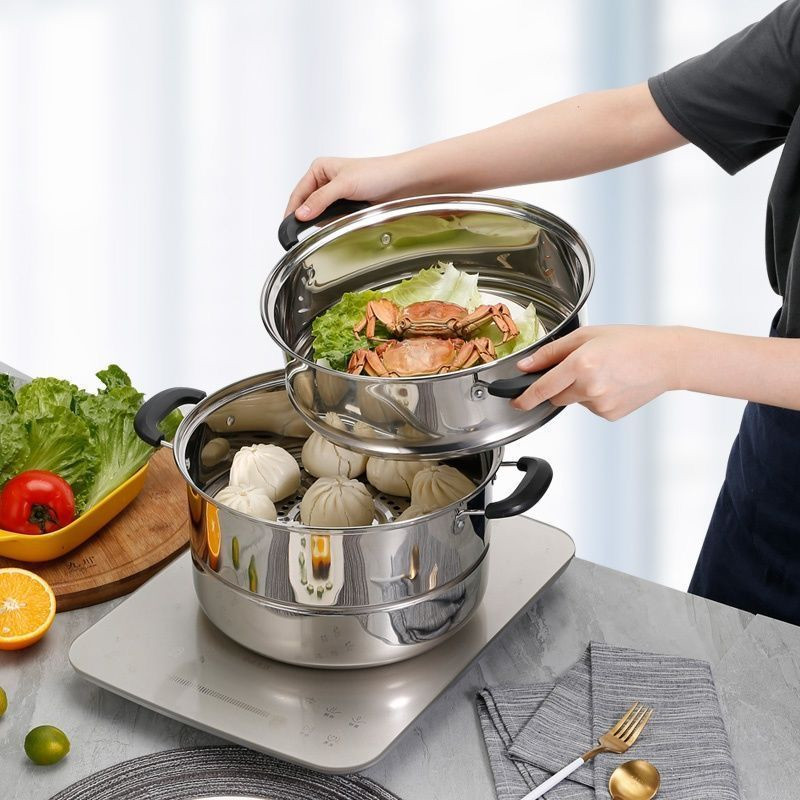 Stainless Steel Steam Pot Steamer Cooking Soup Cookware Steaming Food Stock Vegetable Set Three Layer Steaming Pots Stockpot