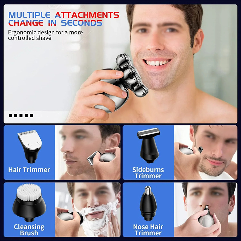 5-in-1 Electric Shaver for Men 7D Floating Beard Trimmer Shaver Clipper Cutter Head Base Charging Waterproof Shaving Machine
