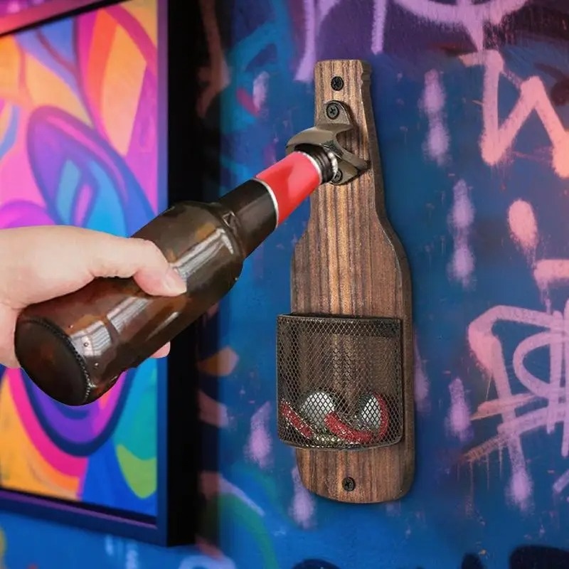 Wall-mounted Bottle Opener Creative Beer Opener Kitchen Bar Decoration Wall-mounted Bottle Opener Bottle Cap Storage Basket