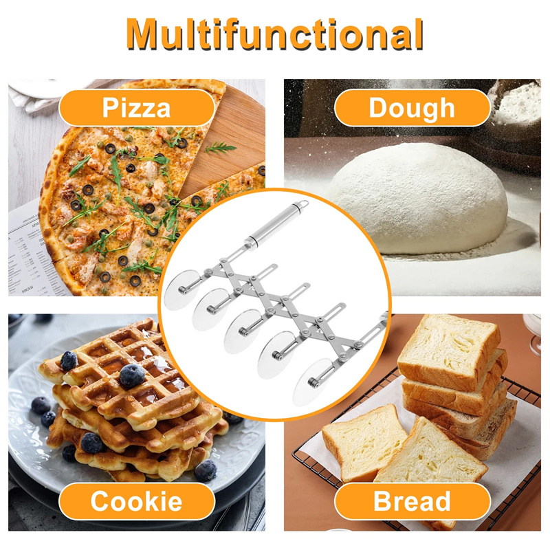 Pastry Cutter Wheel Stainless Steel 5 Wheel Pizza Cutter Adjustable Blade Spacing Safe and Easily Used Pie Cutter Pasta Cutter