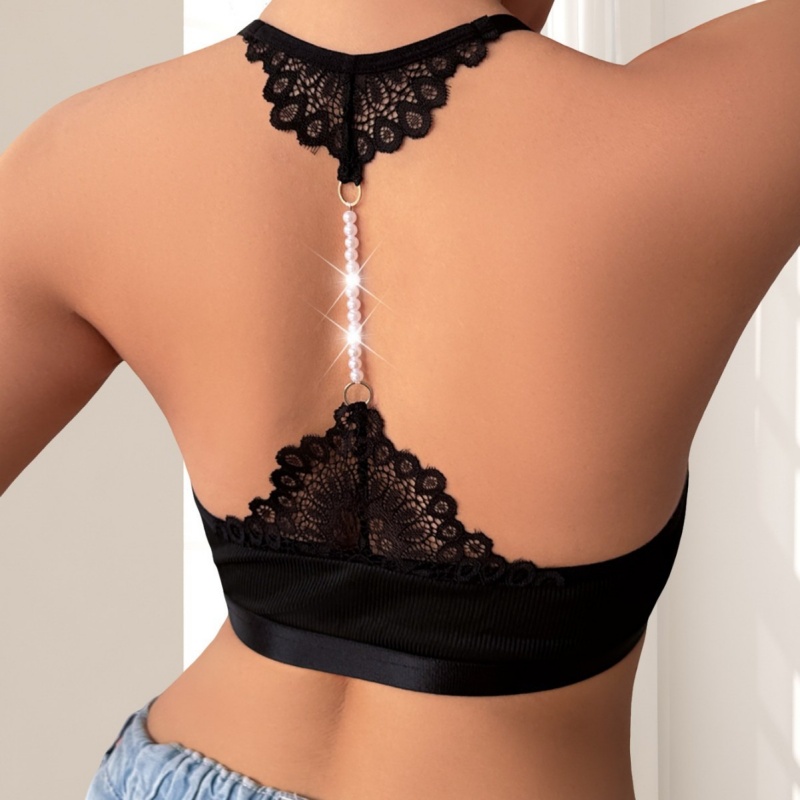 1pcs Ribbed Sexy Women Bras String Pearls Backless Female Underwear Fashion Party Camisole No Pad Breathable Sexy Lingerie