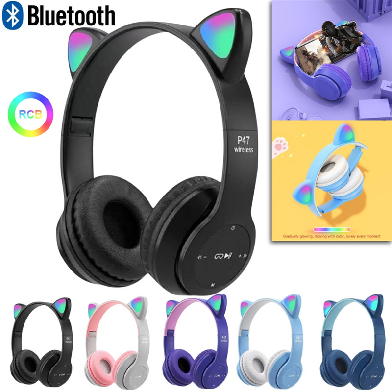 P47 Wireless Headphone Cat Ear With Mic Bluetooth Earphone Stereo Bass Helmets Children Girl Gift Earbuds PC Phone Headset Gamer