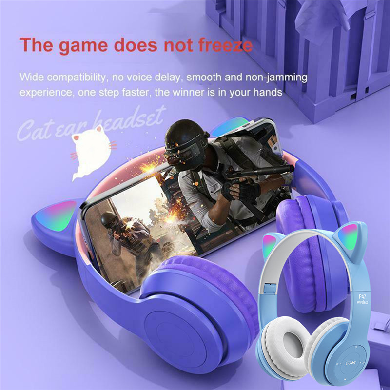 P47 Wireless Headphone Cat Ear With Mic Bluetooth Earphone Stereo Bass Helmets Children Girl Gift Earbuds PC Phone Headset Gamer