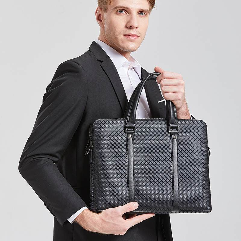 Men Business Crossbody Bag Luxury Woven Leather Shoulder Bag Men Briefcase Laptop Messenger Bags Male Fashion Handbag Tote