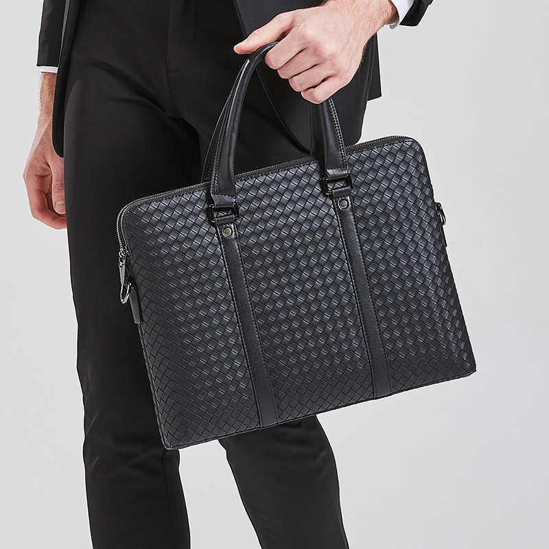 Men Business Crossbody Bag Luxury Woven Leather Shoulder Bag Men Briefcase Laptop Messenger Bags Male Fashion Handbag Tote