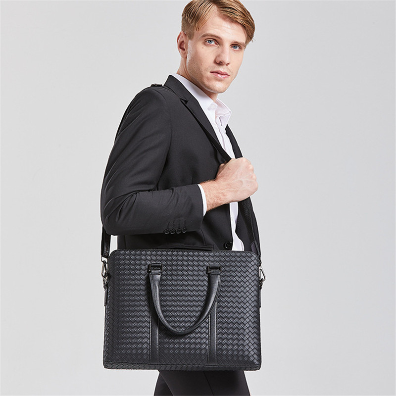 Men Business Crossbody Bag Luxury Woven Leather Shoulder Bag Men Briefcase Laptop Messenger Bags Male Fashion Handbag Tote