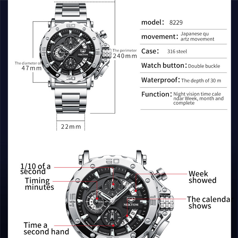 Watches for Men Luxury NEKTOM Calendar Quartz Watch Sport Men Waterproof Watches Clock Steel Case Male Date Wrist Watch