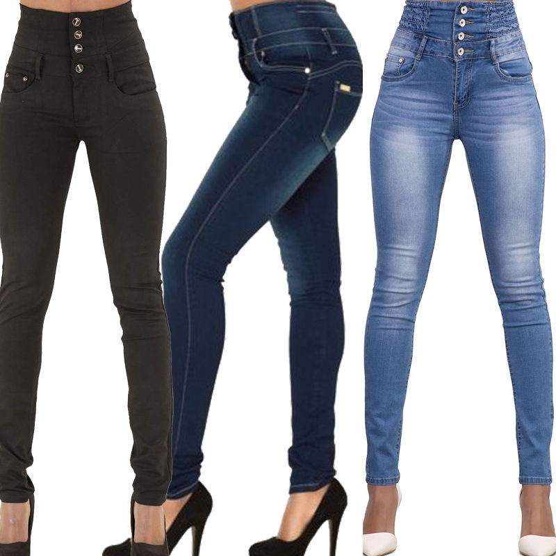 High Waist Slim Skinny Pants Women Jeans Buttons Stretch Push Up Leggings Casual Pockets Denim Pencil Pants Elastic Trousers