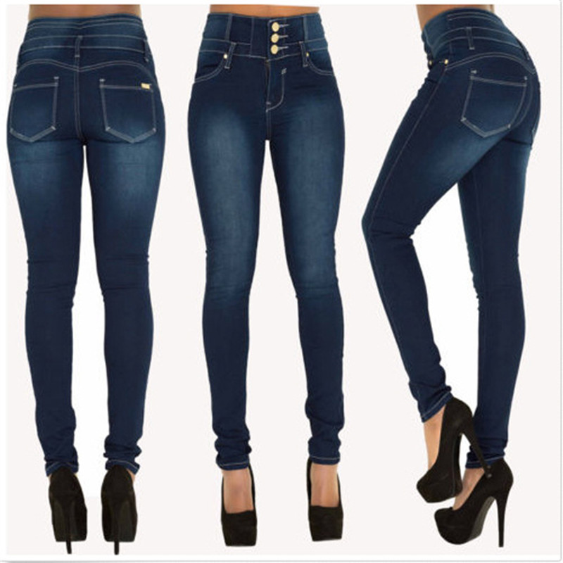 High Waist Slim Skinny Pants Women Jeans Buttons Stretch Push Up Leggings Casual Pockets Denim Pencil Pants Elastic Trousers