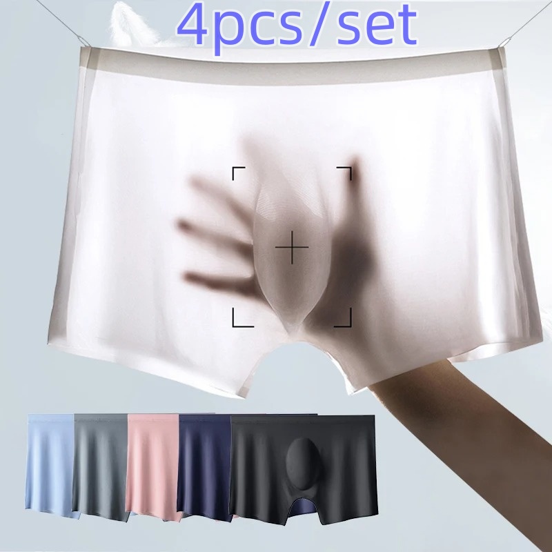 4pcs/set Men Panties Mens Ice Silk Seamless Sexy Underwear Solid Ultra-thin Breathable Boxer Shorts Male Underpants Boxershorts