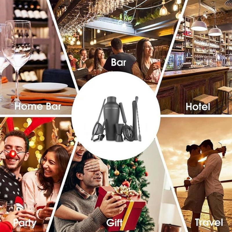 8pcs Matte Black 600ml Stainless Steel Cocktail Shaker Mixer Wine Martini Boston Shaker Jigger Bartender Drink Party Bar Tool