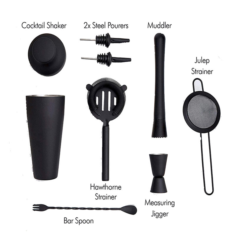 8pcs Matte Black 600ml Stainless Steel Cocktail Shaker Mixer Wine Martini Boston Shaker Jigger Bartender Drink Party Bar Tool
