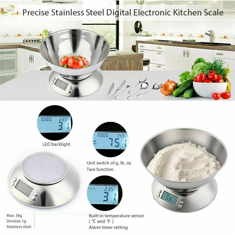 Stainless Steel Kitchen Scale 5kg/1g Electronic Scale Kitchen Food Balance Cuisine Precision Digital Scales Calculator With Bowl