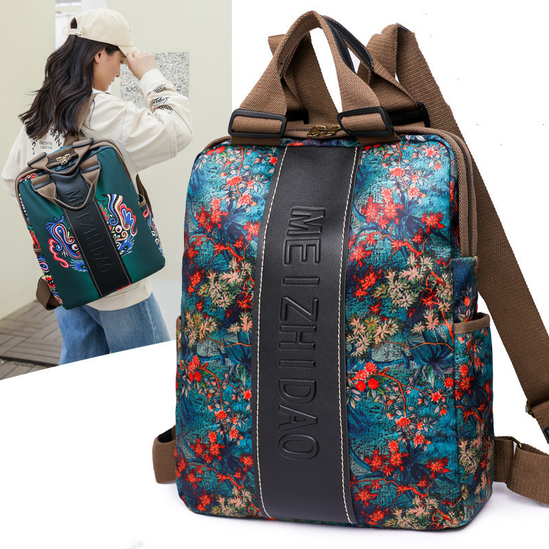 Women Waterproof Nylon Vintage Backpack Ethnic Laptop Backpack Printed Travel Backpacks Rucksack Girl Schoolbag Student Bag