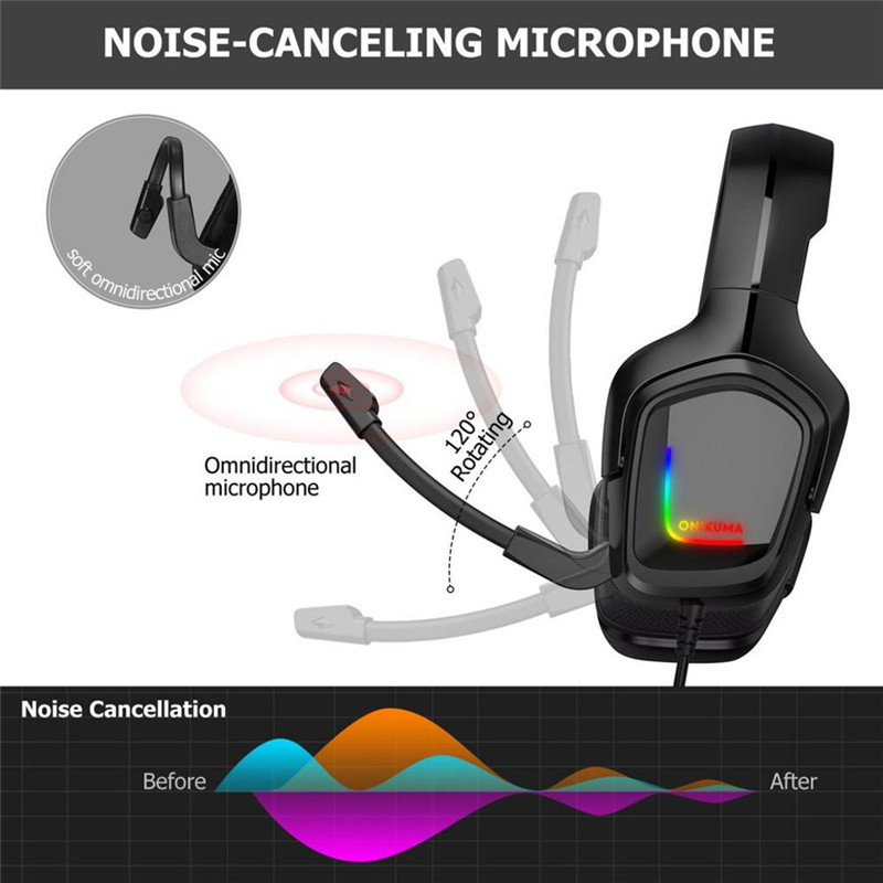 ONIKUMA Wired Gaming Headphones RGB Game Earphones with Microphone LED Light Deep Bass Stereo Headset for PC Laptop PS4 Xbox