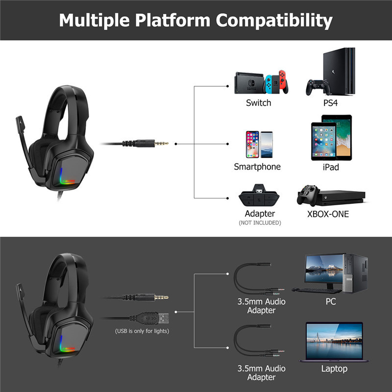 ONIKUMA Wired Gaming Headphones RGB Game Earphones with Microphone LED Light Deep Bass Stereo Headset for PC Laptop PS4 Xbox