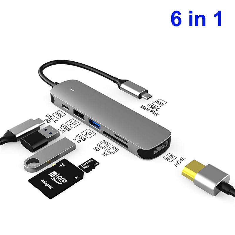 6 in 1 USB Hub Multi USB Splitter USB 3.0 with PD 60W Adapter SD TF for Lenovo Xiaomi Macbook Pro PC HUB Type C Docking Station