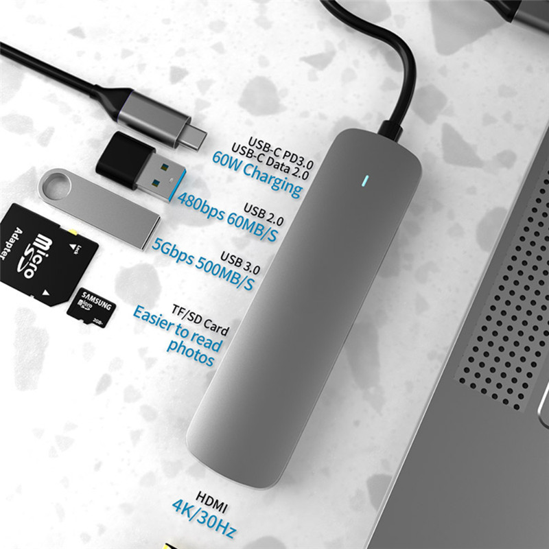 6 in 1 USB Hub Multi USB Splitter USB 3.0 with PD 60W Adapter SD TF for Lenovo Xiaomi Macbook Pro PC HUB Type C Docking Station