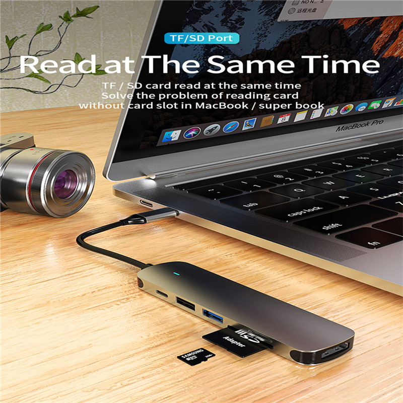 6 in 1 USB Hub Multi USB Splitter USB 3.0 with PD 60W Adapter SD TF for Lenovo Xiaomi Macbook Pro PC HUB Type C Docking Station