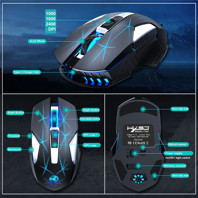 HXSJ 2.4G Wireless Mouse Ergonomic Mouse 2400 DPI Optical Mouse RGB BackLight Mute Gaming Mouse Mice For PC laptop Gamer