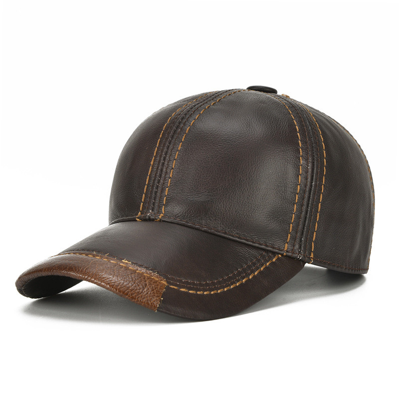 Men Real Cowhide Leather Earlap Caps Male Fall Winter Real Cow Leather Hats New Casual Genuine Leather Hat Outdoor Baseball Cap