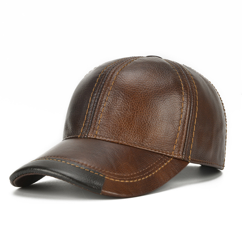 Men Real Cowhide Leather Earlap Caps Male Fall Winter Real Cow Leather Hats New Casual Genuine Leather Hat Outdoor Baseball Cap