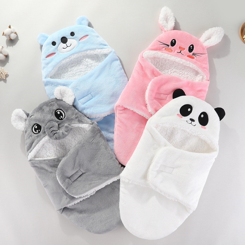 Winter Newborn Blanket Flannel Plush Lining Baby Swaddle Wrap Thicken Warm Sleeping Bag Quilt Cartoon Hooded Stroller Blankets