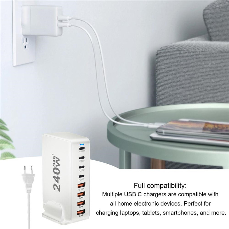 EU/UK/US Plug 240W Desktop GaN Charger 8-port USB Type C PD Charger Fast Charge 3.0 USB Type C Fast Charger Mobile USB Charger