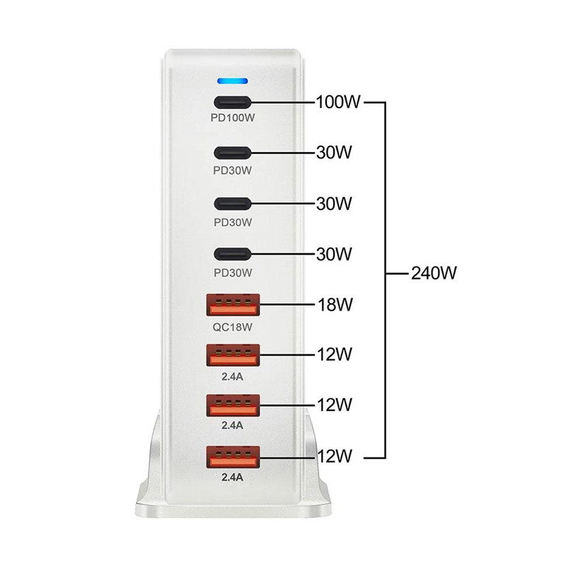 EU/UK/US Plug 240W Desktop GaN Charger 8-port USB Type C PD Charger Fast Charge 3.0 USB Type C Fast Charger Mobile USB Charger