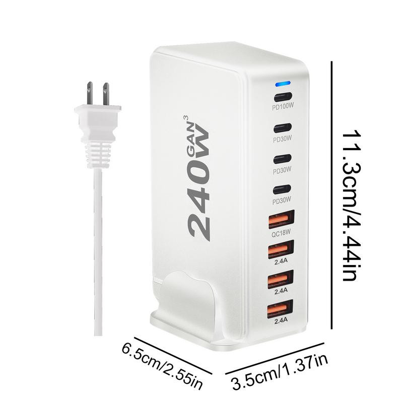 EU/UK/US Plug 240W Desktop GaN Charger 8-port USB Type C PD Charger Fast Charge 3.0 USB Type C Fast Charger Mobile USB Charger