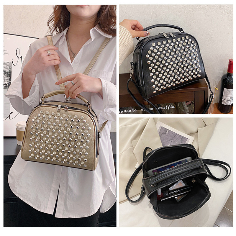 Women PU Leather Shoulder Bag Fashion Rhinestone Wicker Backpack Ladies Messenger Bag High Quality Crossbody Bag Casual Tote Bag
