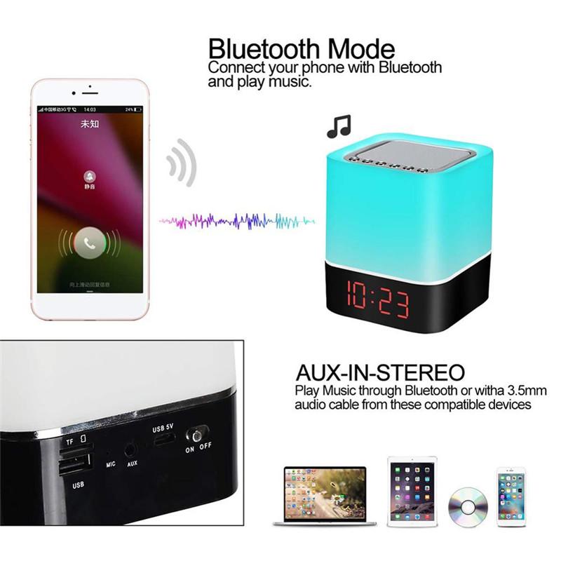 New LED Night Light Colorful Table Lamp Alarm Clock Smart Touch Control Wireless Bluetooth Speaker Support TF SD Card