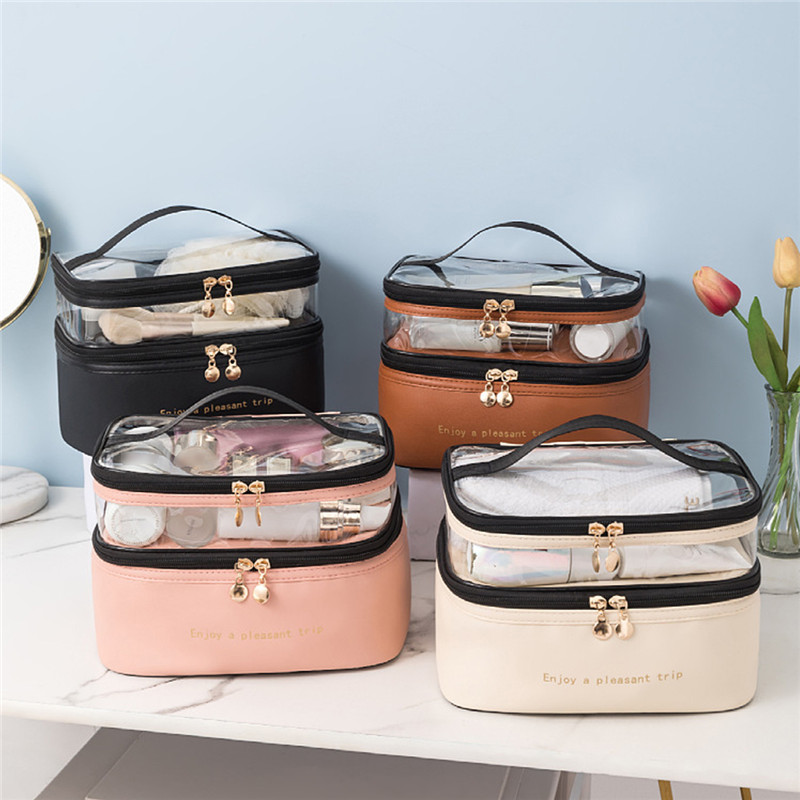 Makeup Bag Double layer Travel Cosmetic Case Make up Organizer Leather Toiletry Bag Waterproof PVC Women Transparent Handbag