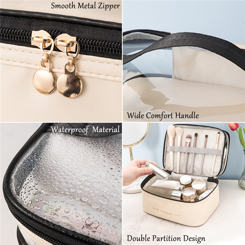 Makeup Bag Double layer Travel Cosmetic Case Make up Organizer Leather Toiletry Bag Waterproof PVC Women Transparent Handbag